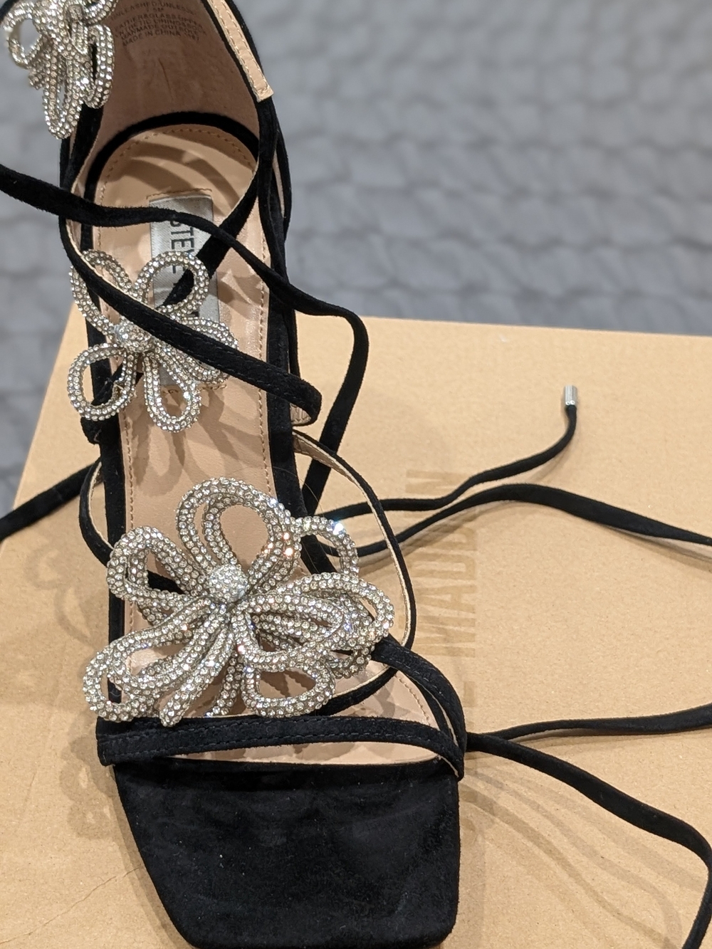 Steve Madden Black Crystal Flower Lace-Up Heels